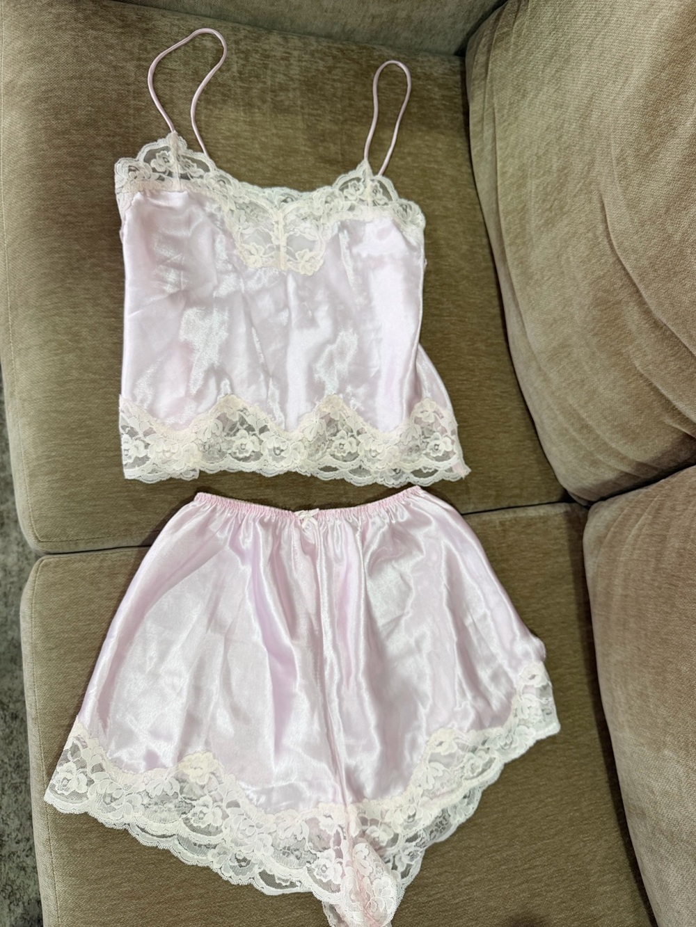 Vintage Lace-Trim Satin Cami & Short Sleep Set - Light Pink